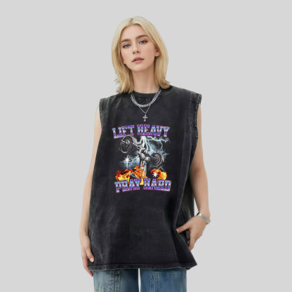 Lift Heavy Pray Hard Christian Washed Tank Top