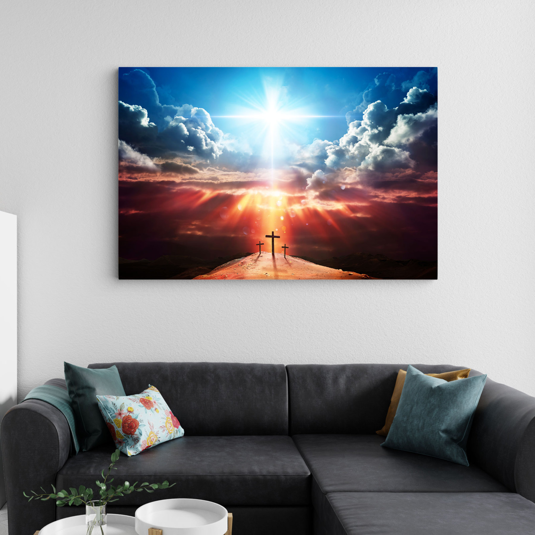 Light Cross Shape In Clouds Christian Canvas Wall Art