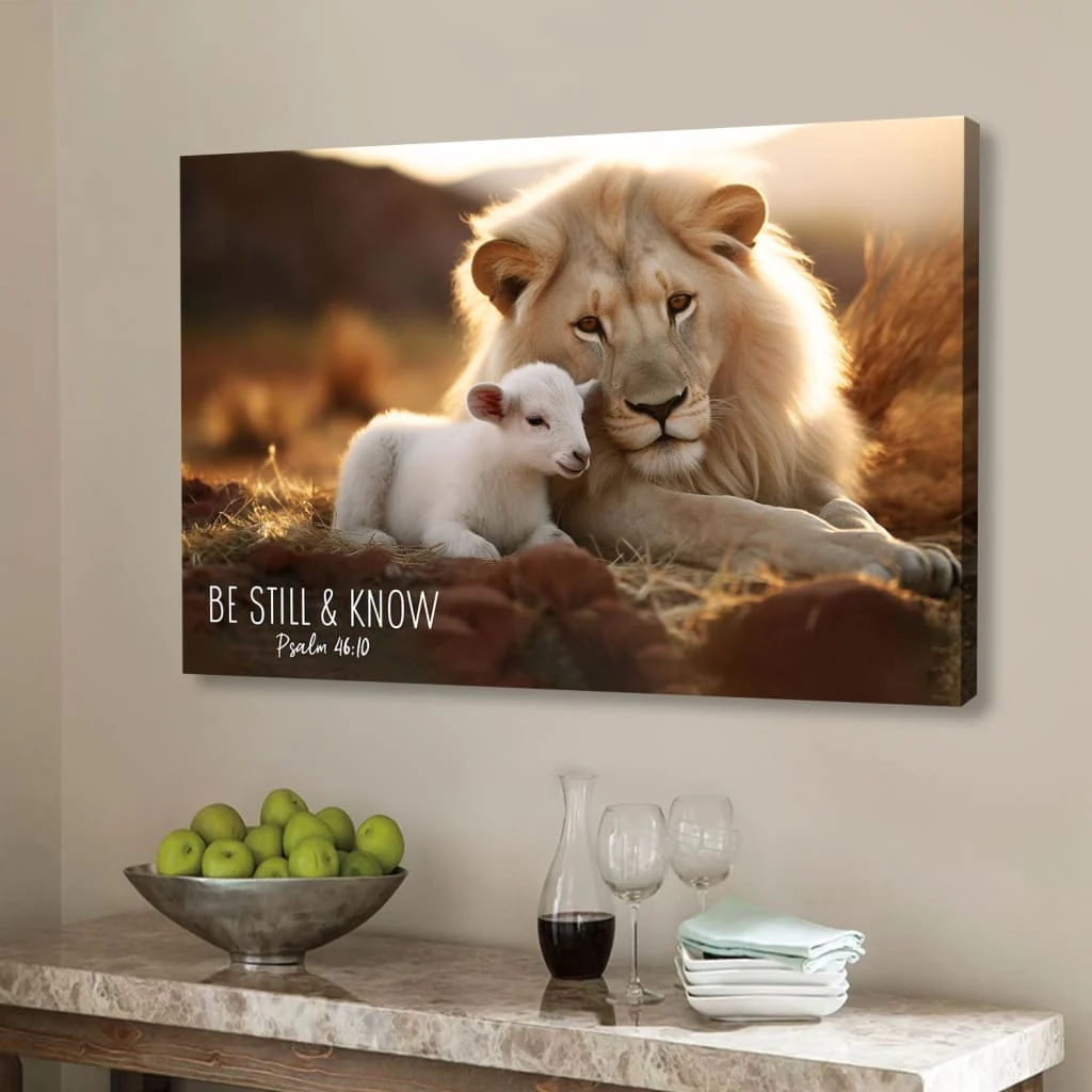 Lion And Lamb Be Still And Know Christian Canvas Wall Art