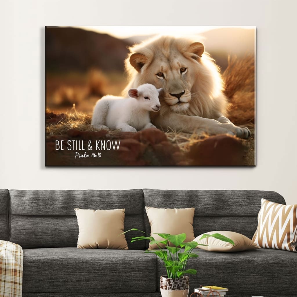 Lion And Lamb Be Still And Know Christian Canvas Wall Art