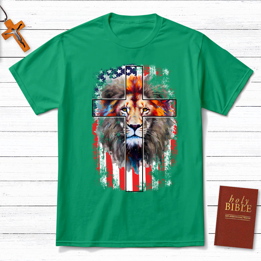 Lion Cross With Flag Christian T-Shirt