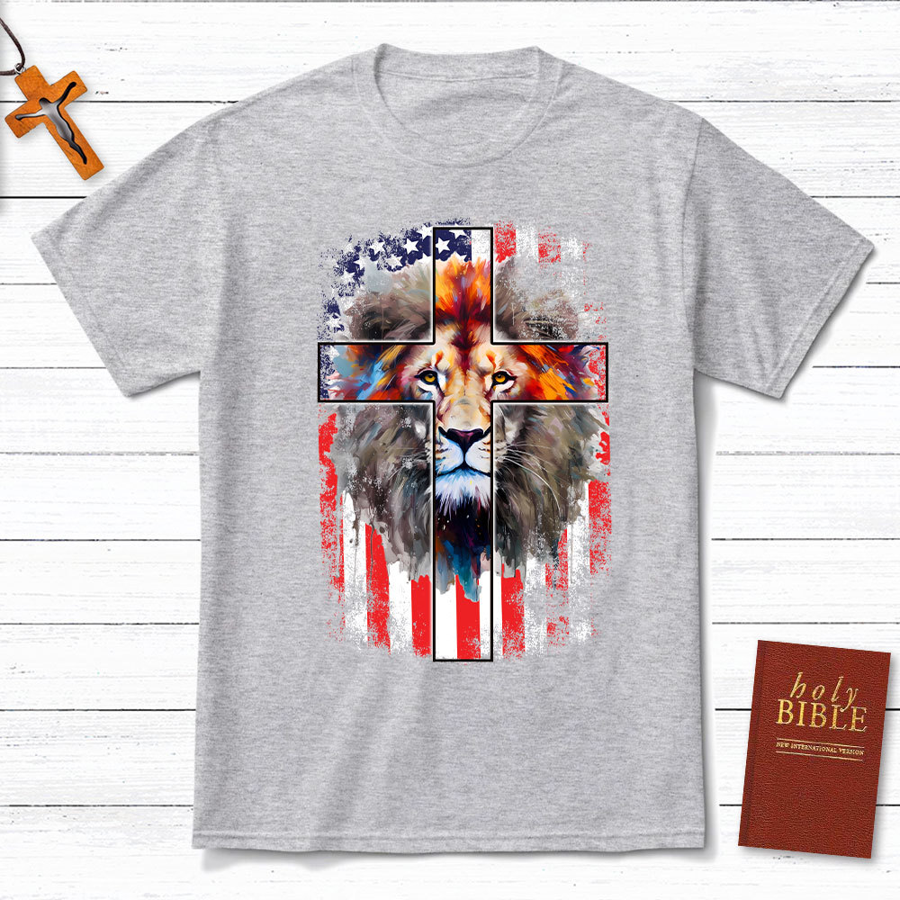 Lion Cross With Flag Christian T-Shirt