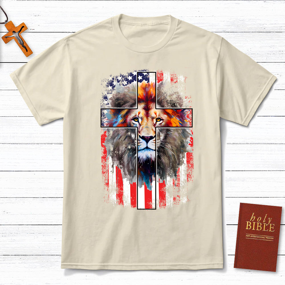 Lion Cross With Flag Christian T-Shirt