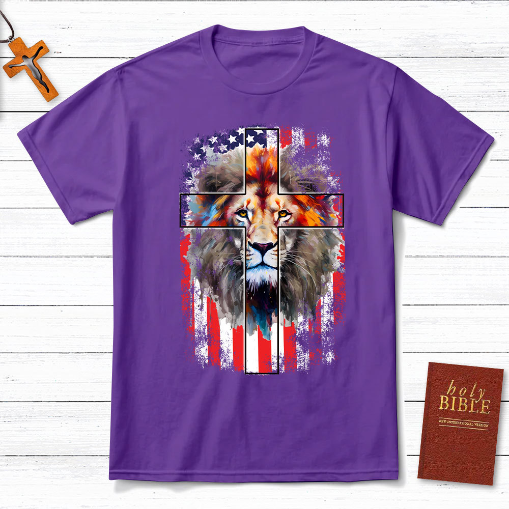 Lion Cross With Flag Christian T-Shirt