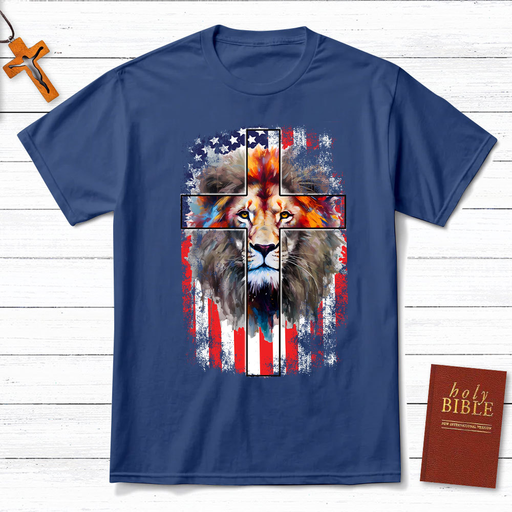 Lion Cross With Flag Christian T-Shirt