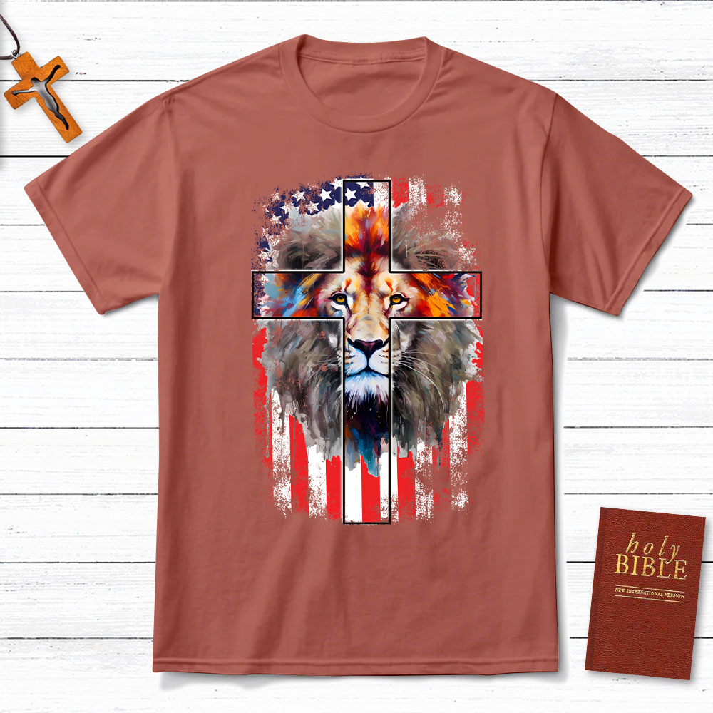 Lion Cross With Flag Christian T-Shirt