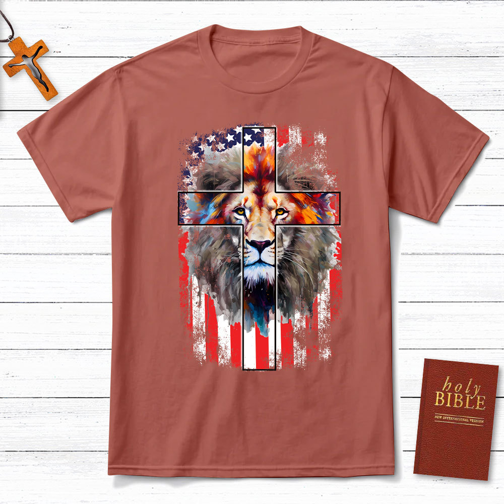 Lion Cross With Flag Christian T-Shirt