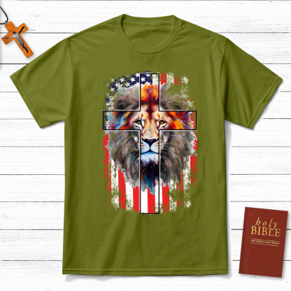 Lion Cross With Flag Christian T-Shirt