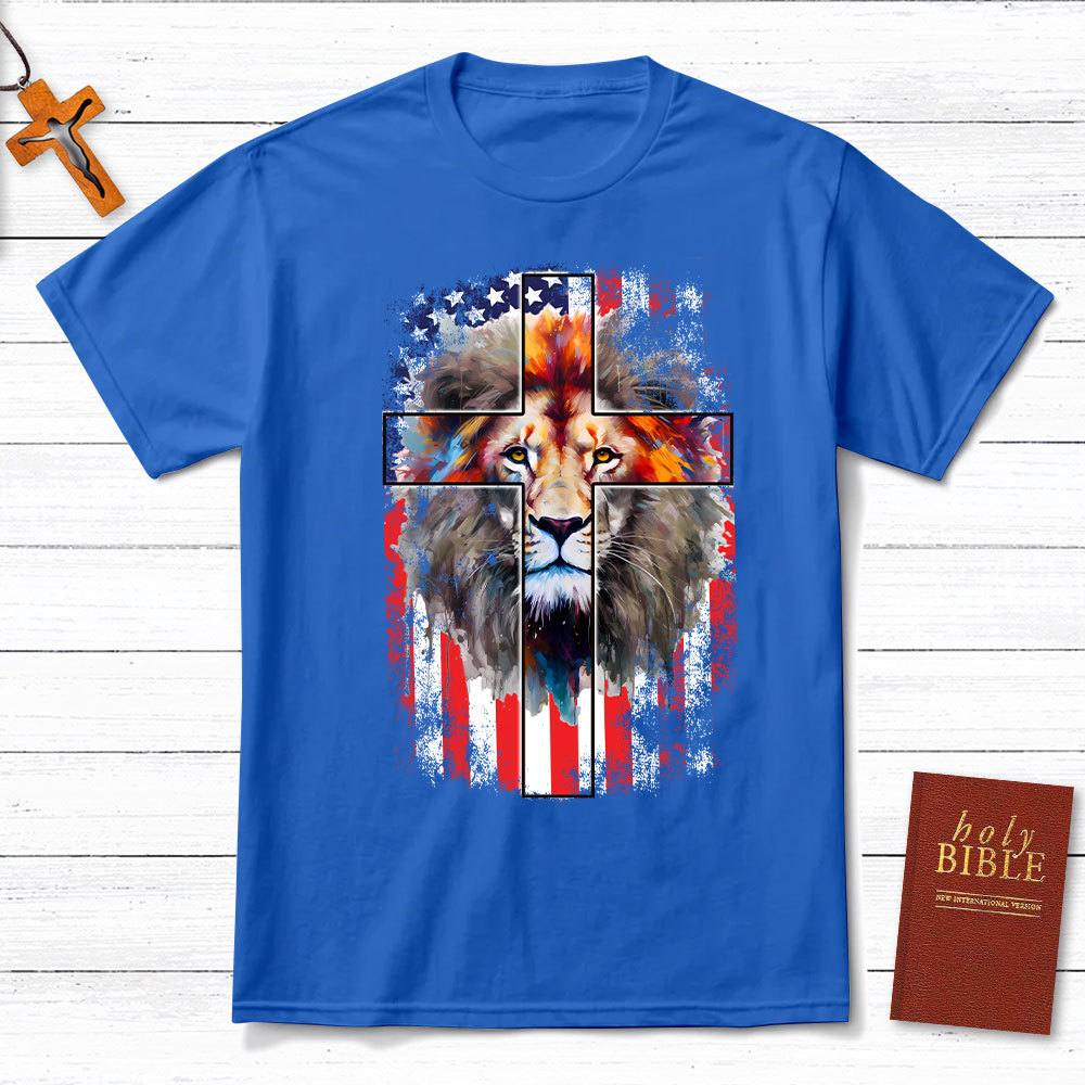 Lion Cross With Flag Christian T-Shirt