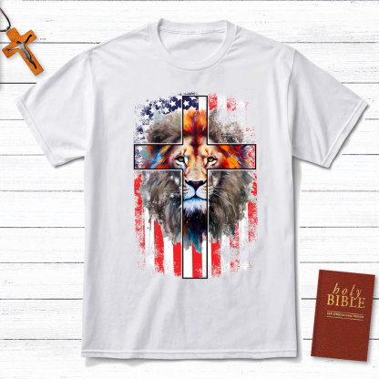 Lion Cross With Flag Christian T-Shirt
