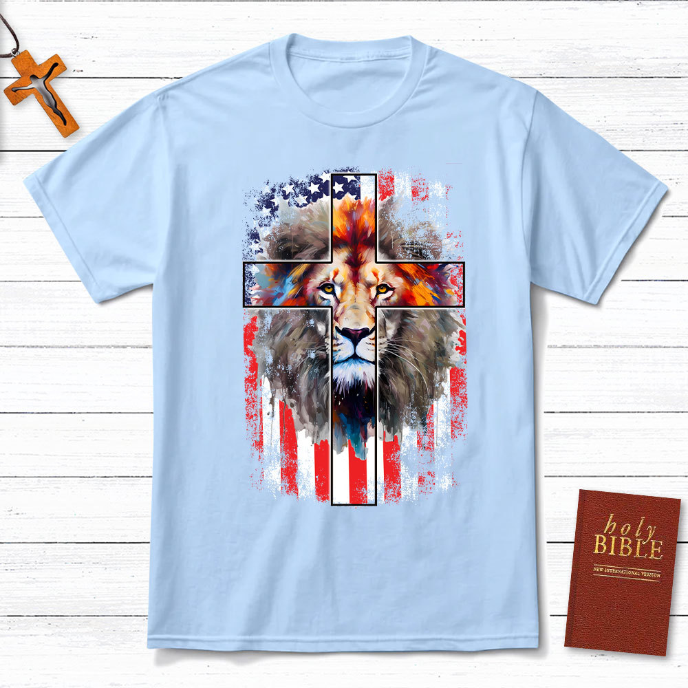 Lion Cross With Flag Christian T-Shirt