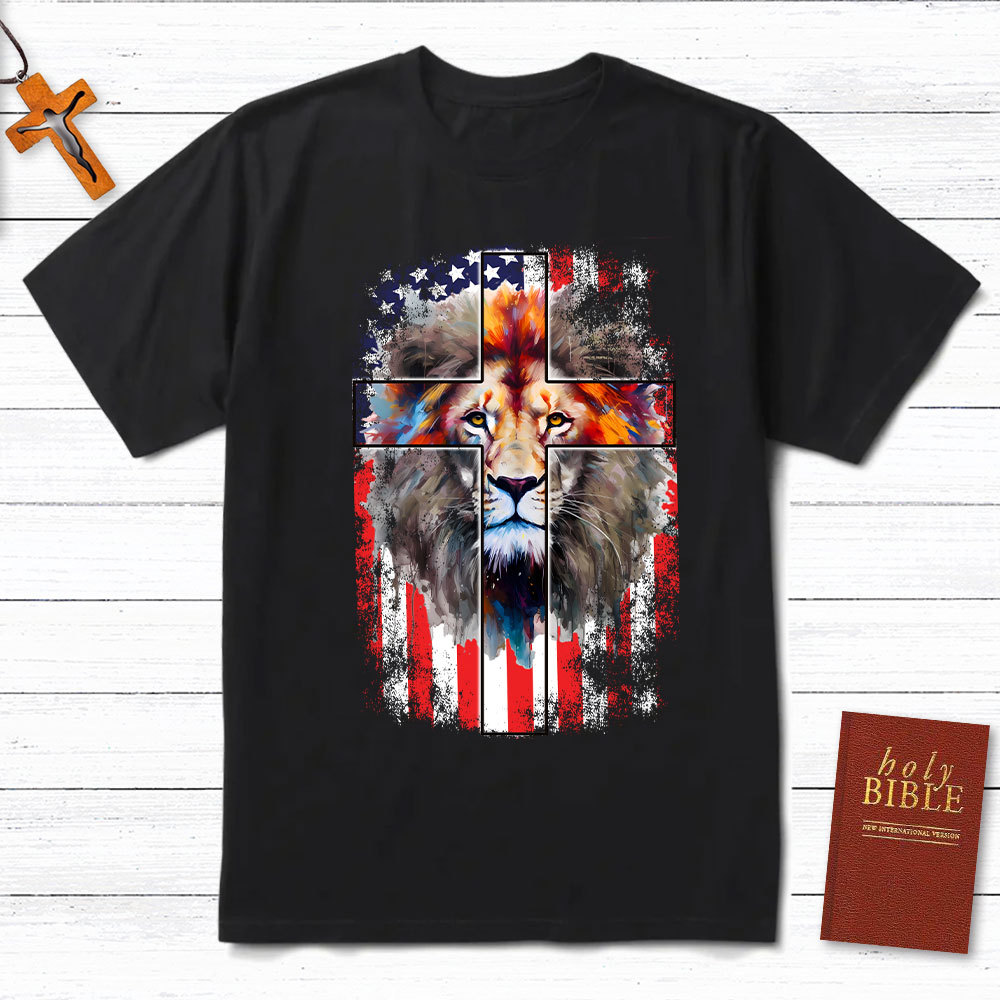 Lion Cross With Flag Christian T-Shirt