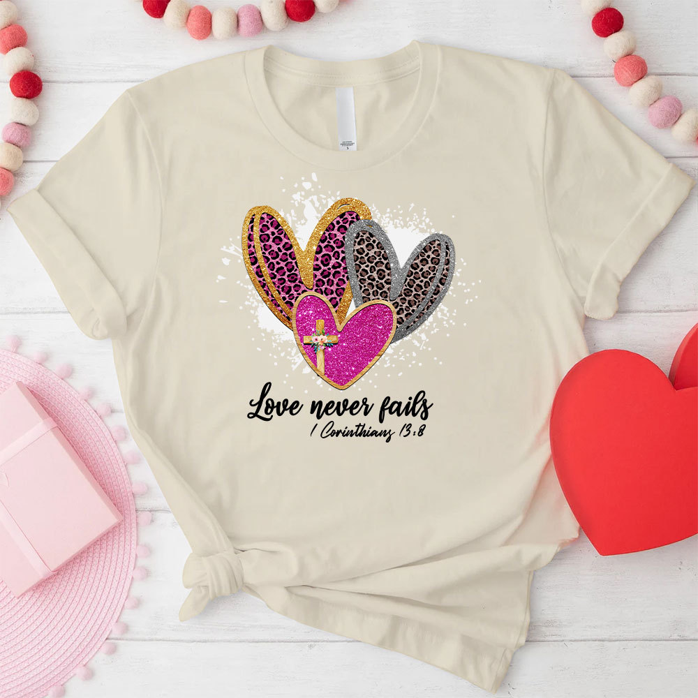 Love Never Fails Christian Glitter T-Shirt