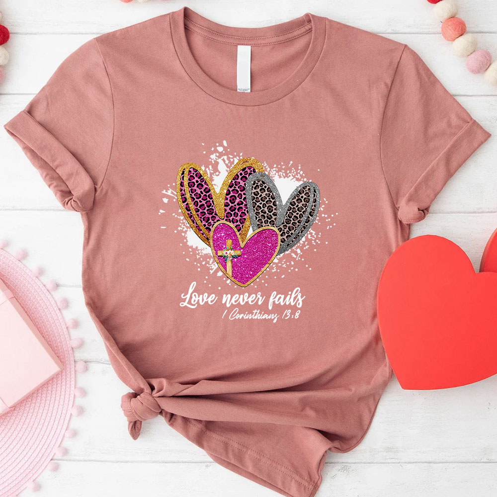 Love Never Fails Christian Glitter T-Shirt