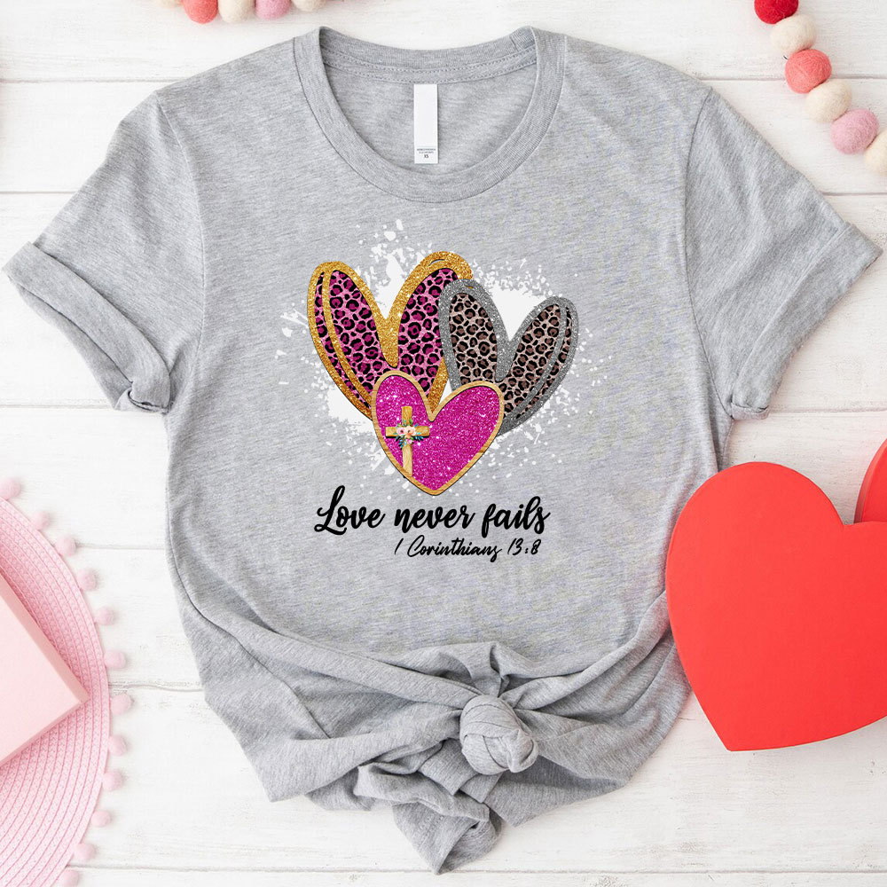 Love Never Fails Christian Glitter T-Shirt