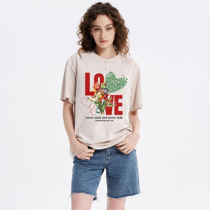 Love Never Fails Christian Washed T-Shirt