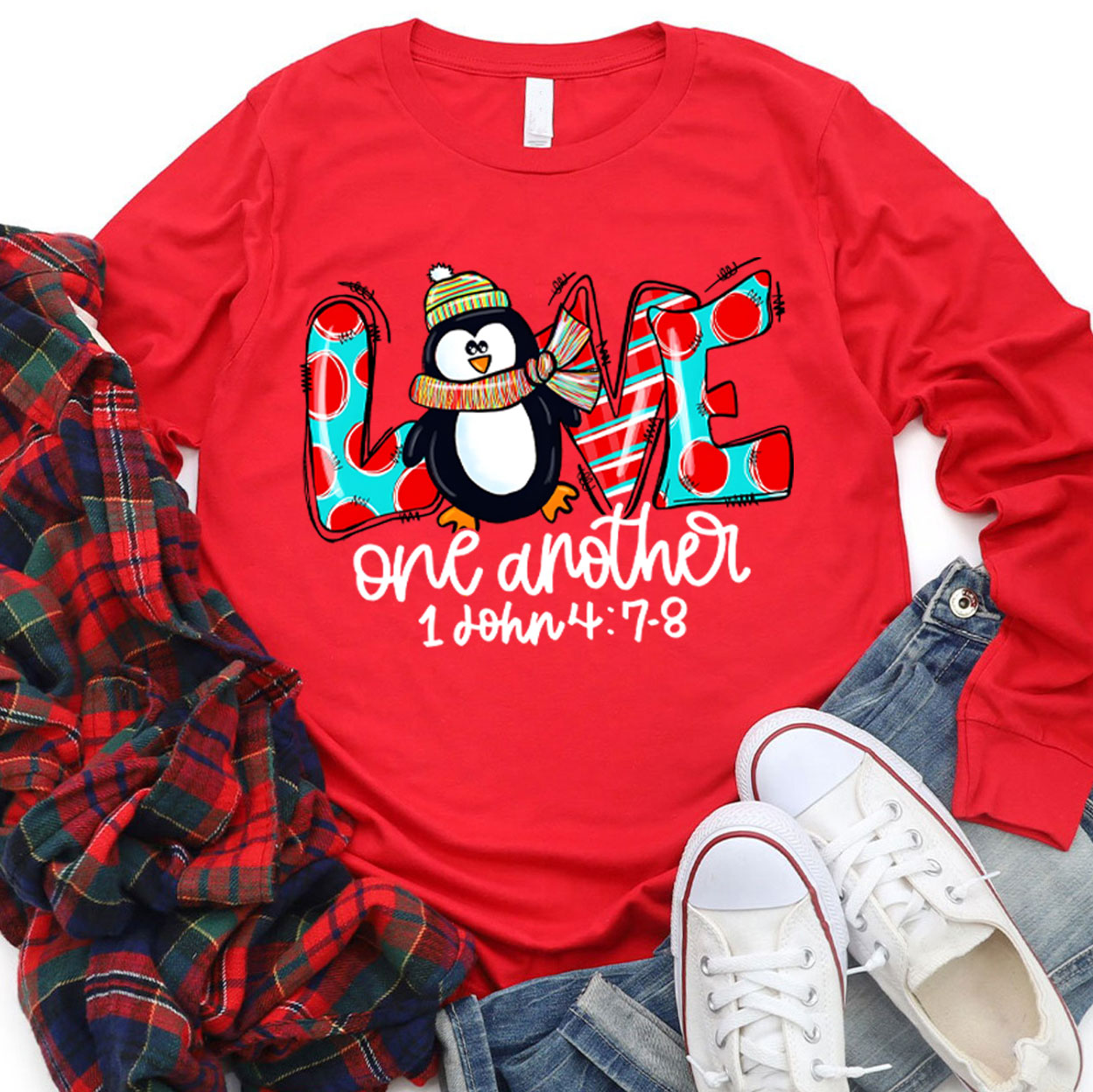 Love One Another Penguin Christian Long Sleeve Tee