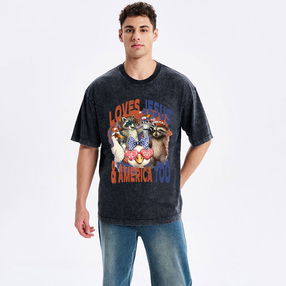 Loves Jesus & America Too Christian Washed T-Shirt