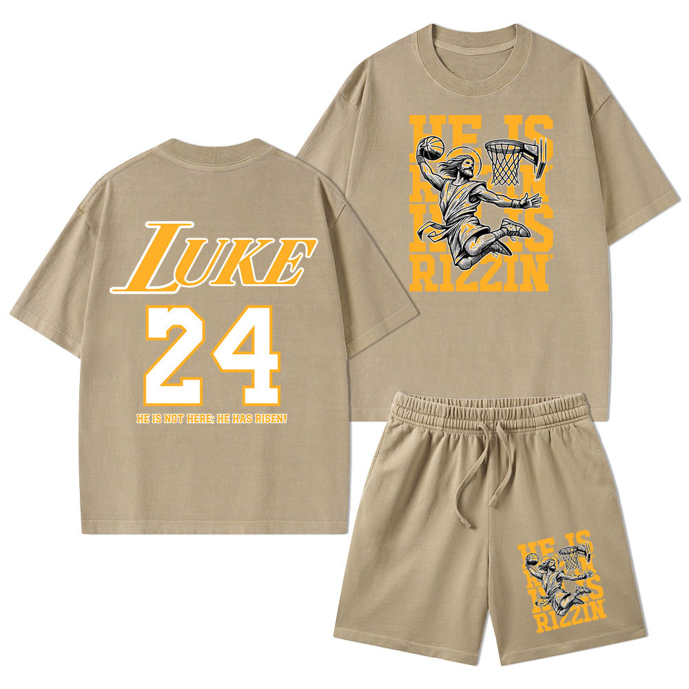 Luke 24 He Is Rizzin Christian Washed T-Shirt & Shorts