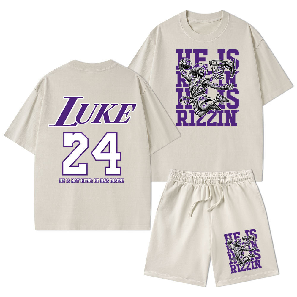 Luke 24 He Is Rizzin Christian Washed T-Shirt & Shorts