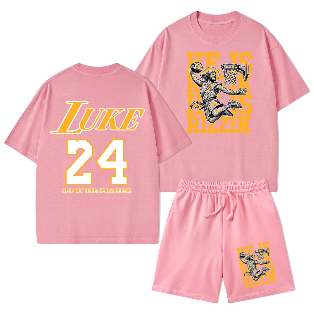 Luke 24 He Is Rizzin Christian Washed T-Shirt & Shorts