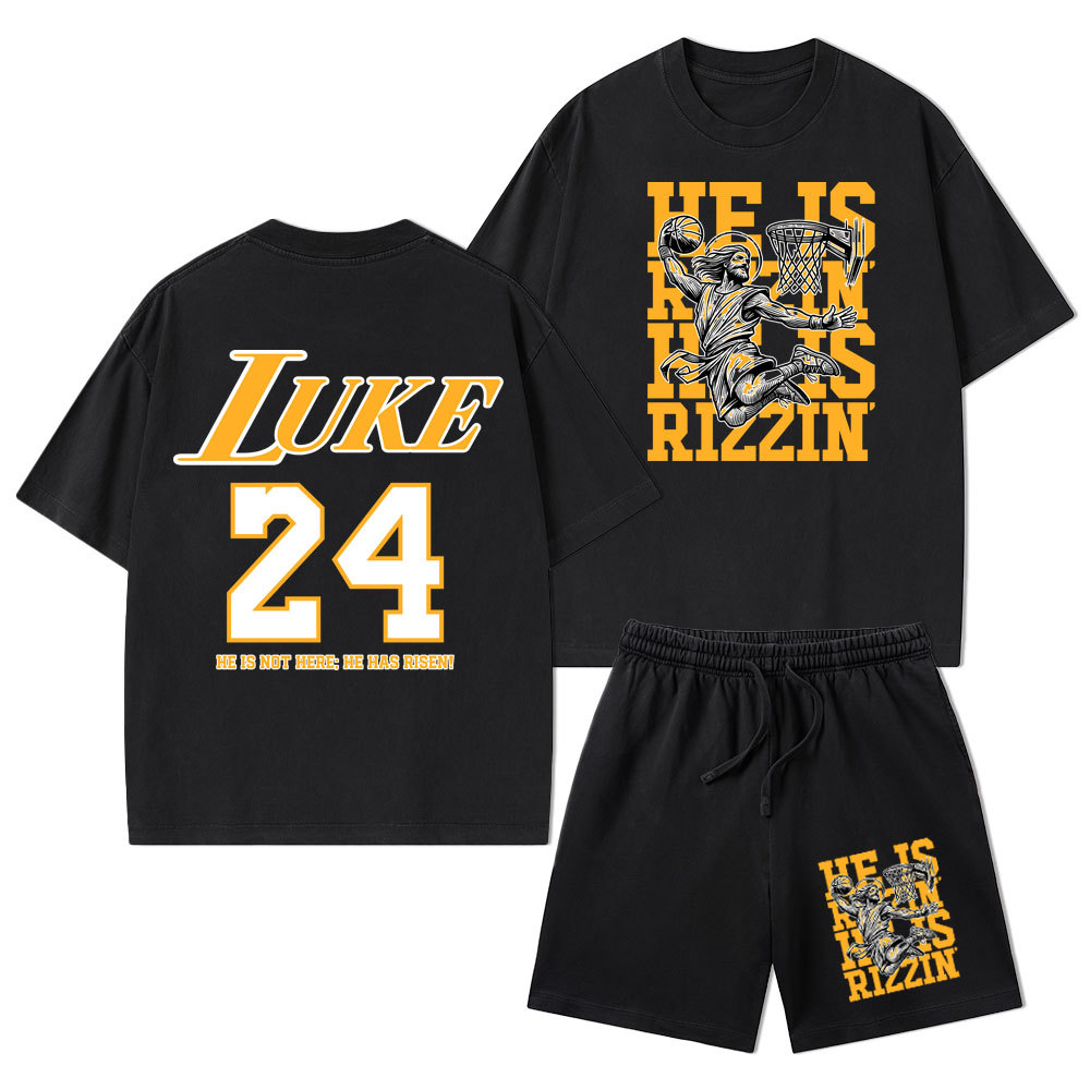 Luke 24 He Is Rizzin Christian Washed T-Shirt & Shorts