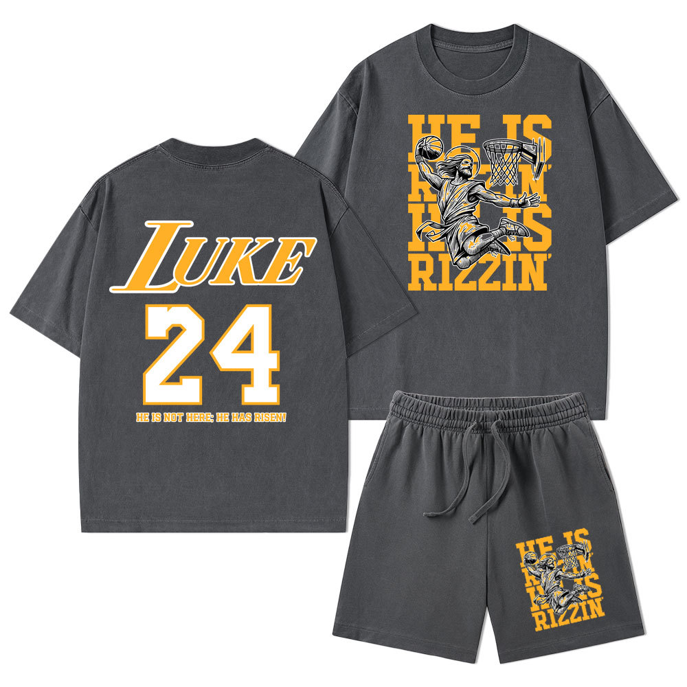 Luke 24 He Is Rizzin Christian Washed T-Shirt & Shorts
