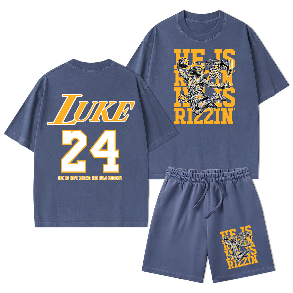 Luke 24 He Is Rizzin Christian Washed T-Shirt & Shorts