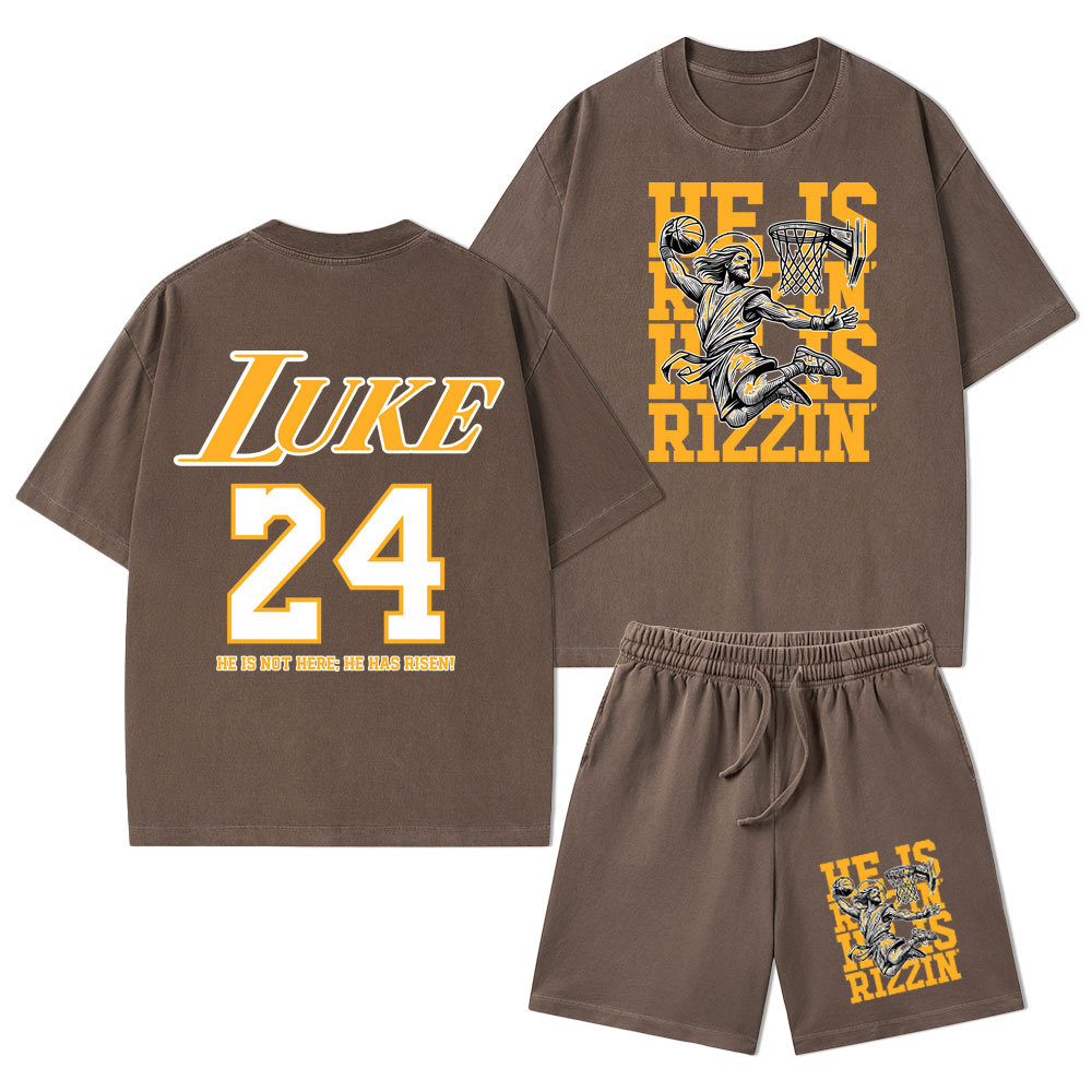 Luke 24 He Is Rizzin Christian Washed T-Shirt & Shorts