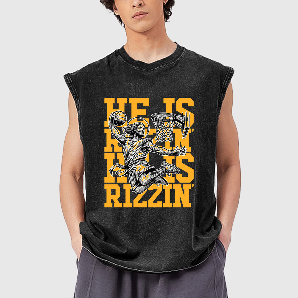 Luke 24 He Is Rizzin Christian Washed Tank Top