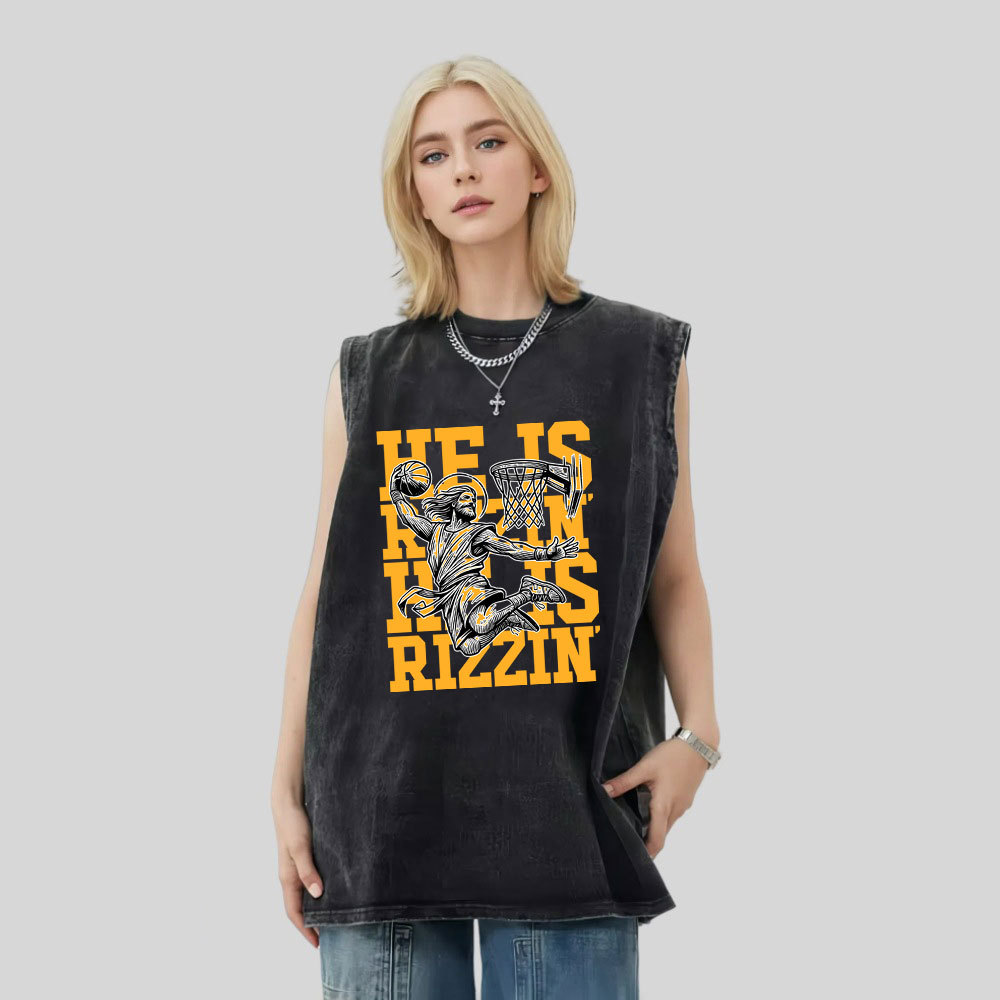 Luke 24 He Is Rizzin Christian Washed Tank Top