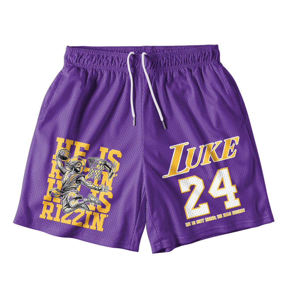 Luke 24 He Is Rizzin Purple Christian Mesh Shorts