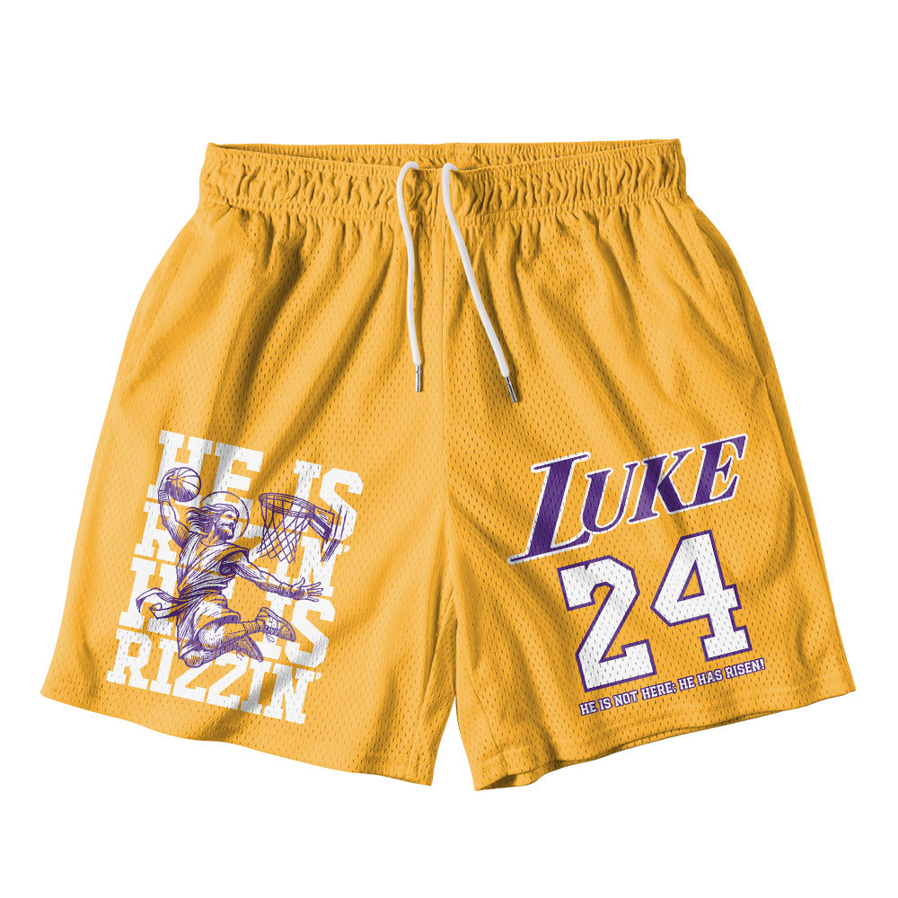 Luke 24 He Is Rizzin Yellow Christian Mesh Shorts