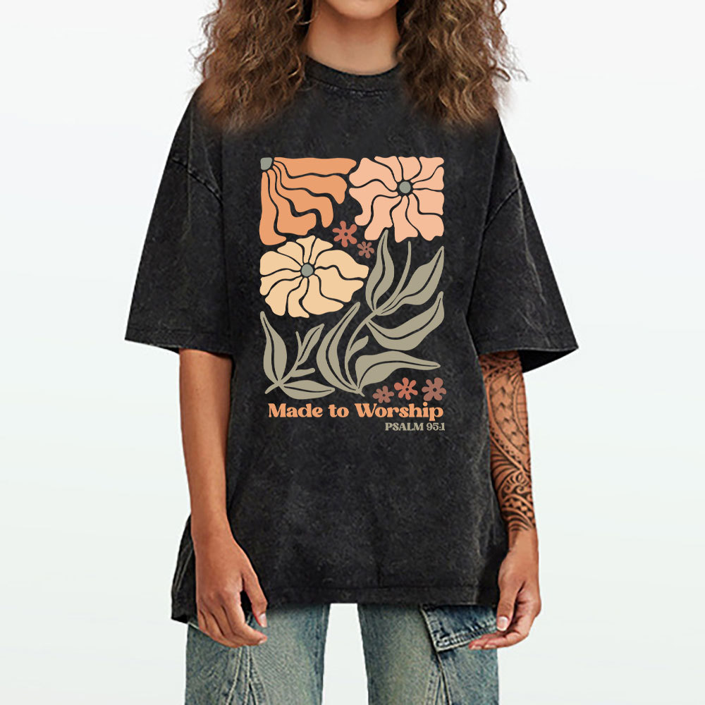 Made To Worship Boho Flower Christian Washed T-Shirt
