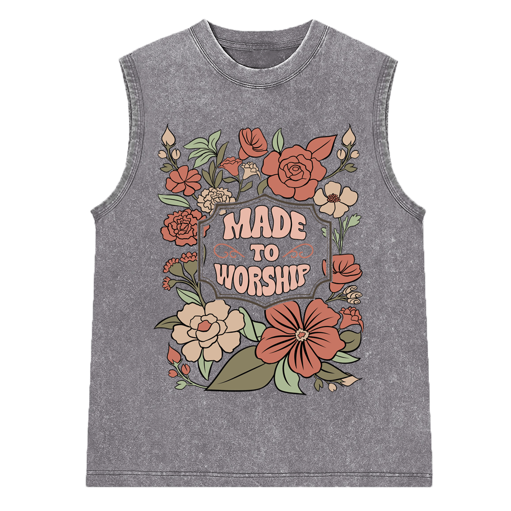 Made To Worship Retro Floral Christian Washed Sleeveless Tee