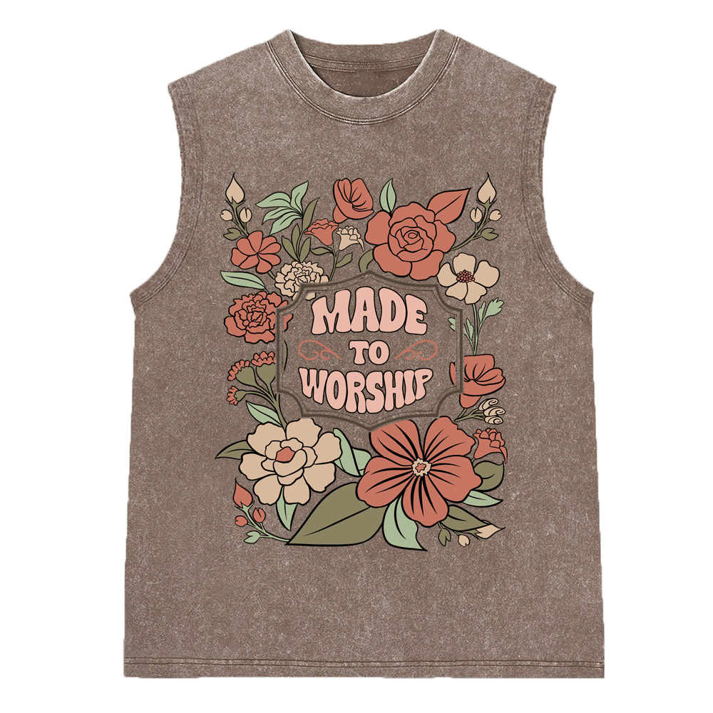 Made To Worship Retro Floral Christian Washed Sleeveless Tee