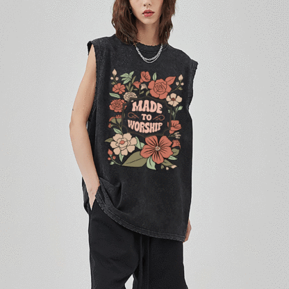 Made To Worship Retro Floral Christian Washed Sleeveless Tee