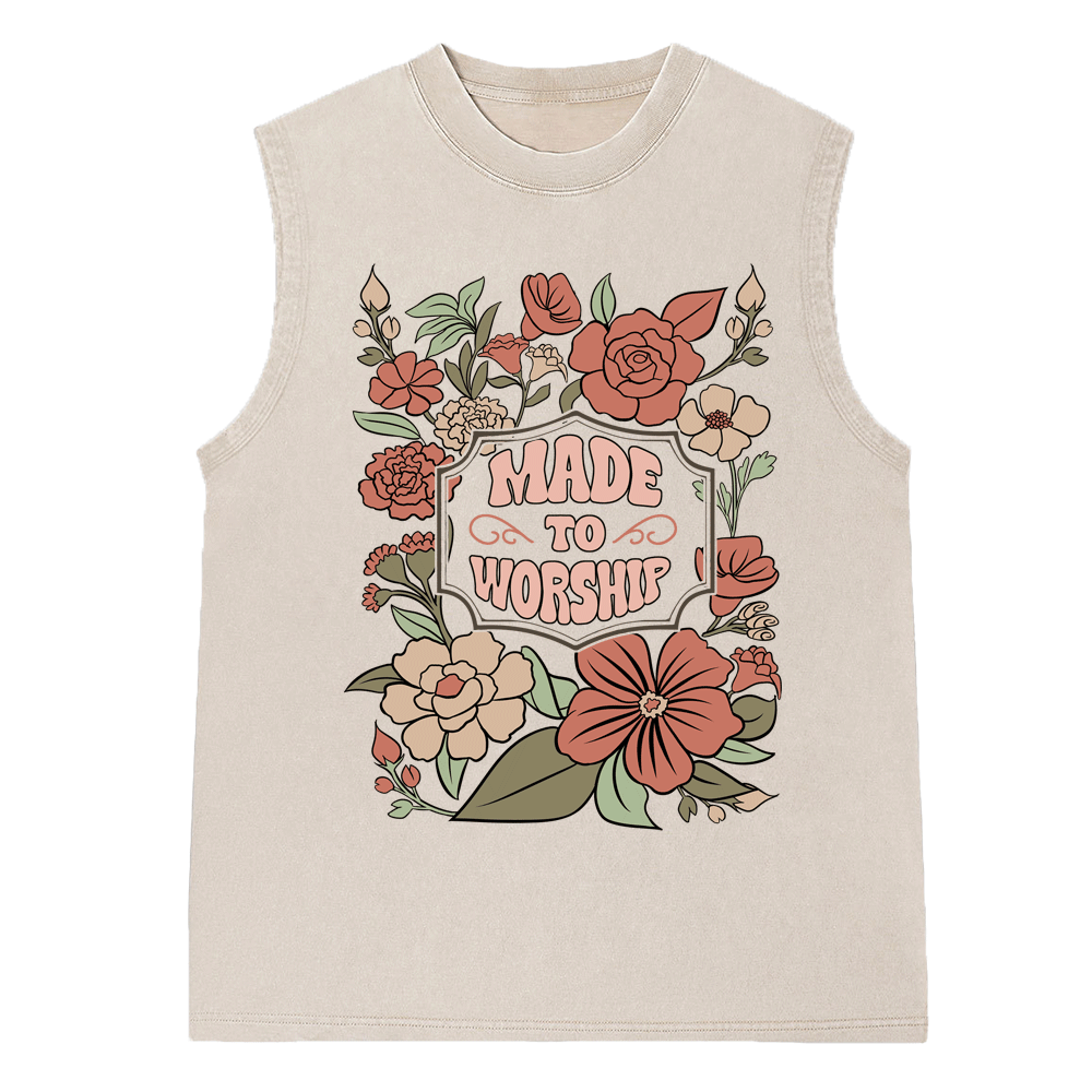 Made To Worship Retro Floral Christian Washed Sleeveless Tee