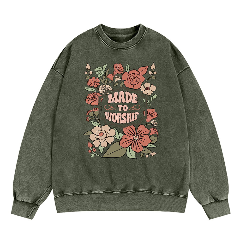 Made To Worship Retro Floral Christian Washed Sweatshirt Sale - GuidingCross