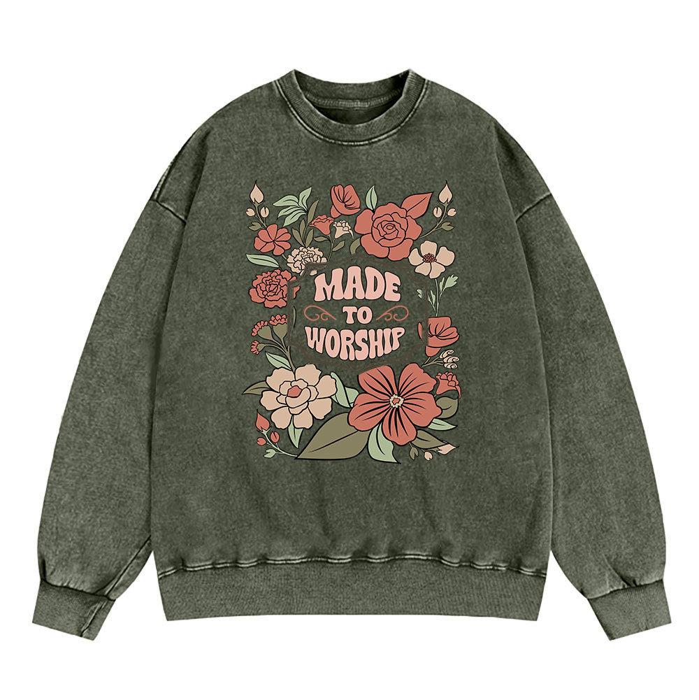 Made To Worship Retro Floral Christian Washed Sweatshirt Sale - GuidingCross