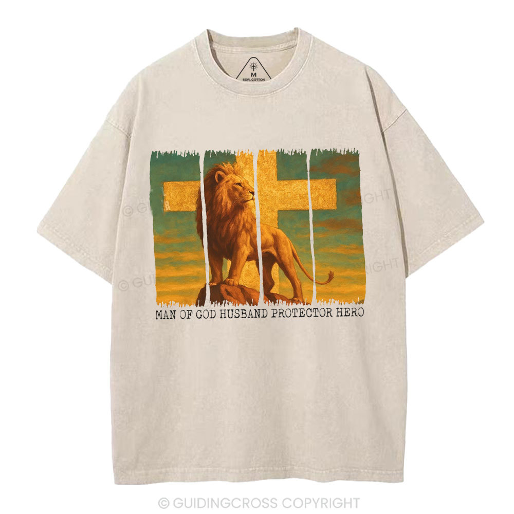 Man Of God Husband Protector Hero Christian Washed T-Shirt