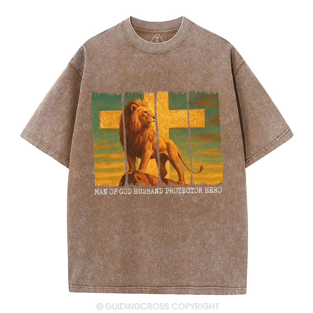 Man Of God Husband Protector Hero Christian Washed T-Shirt