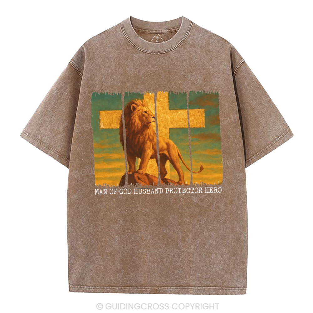 Man Of God Husband Protector Hero Christian Washed T-Shirt