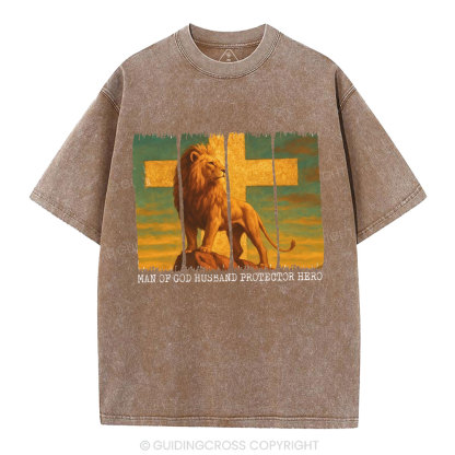 Man Of God Husband Protector Hero Christian Washed T-Shirt