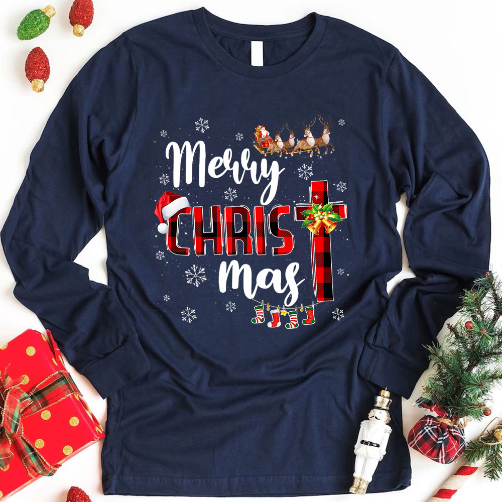 Merry Christ Mas Buffalo Plaid Christian Long Sleeve T-Shirt