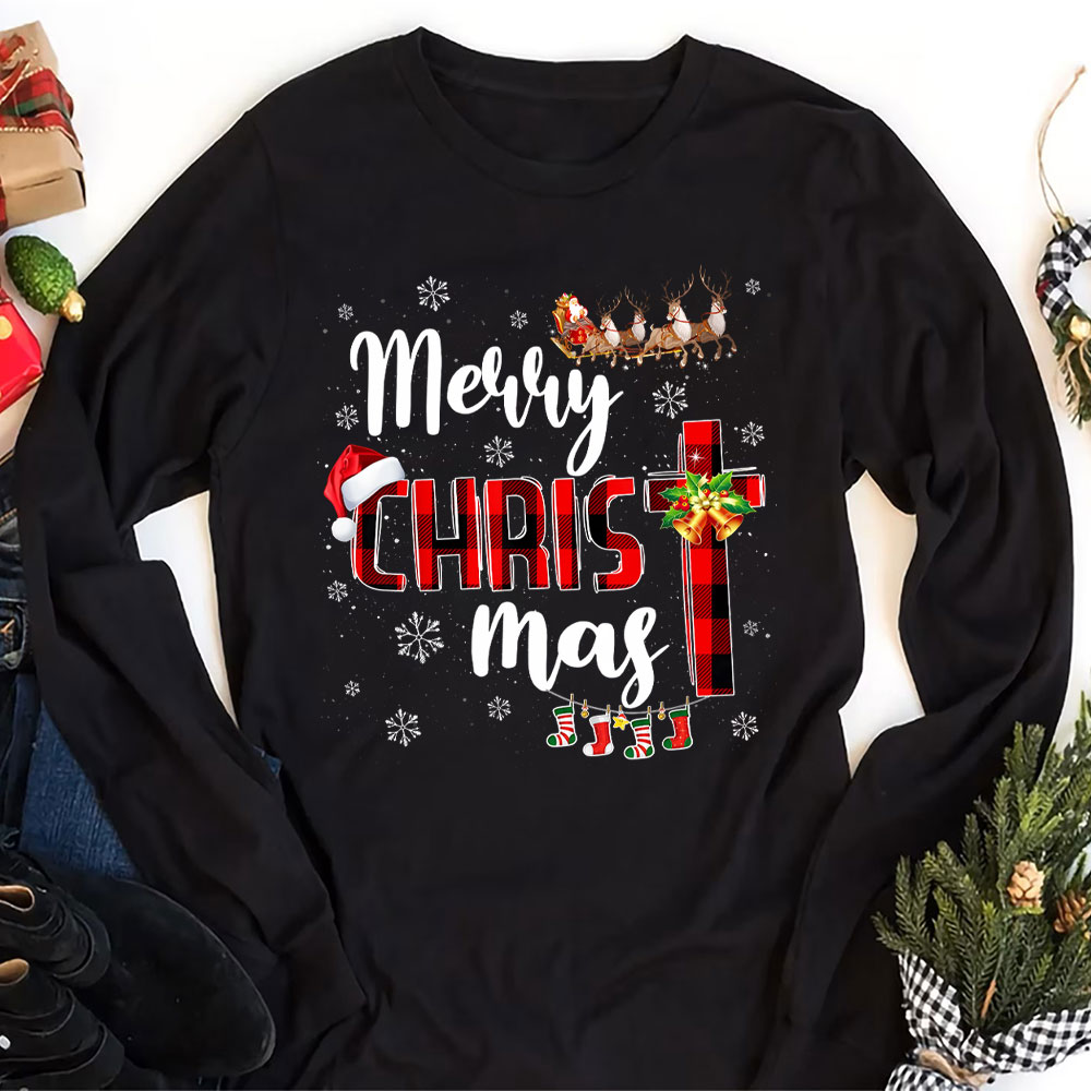 Merry Christ Mas Buffalo Plaid Christmas Christian Long Sleeve T-Shirt ...