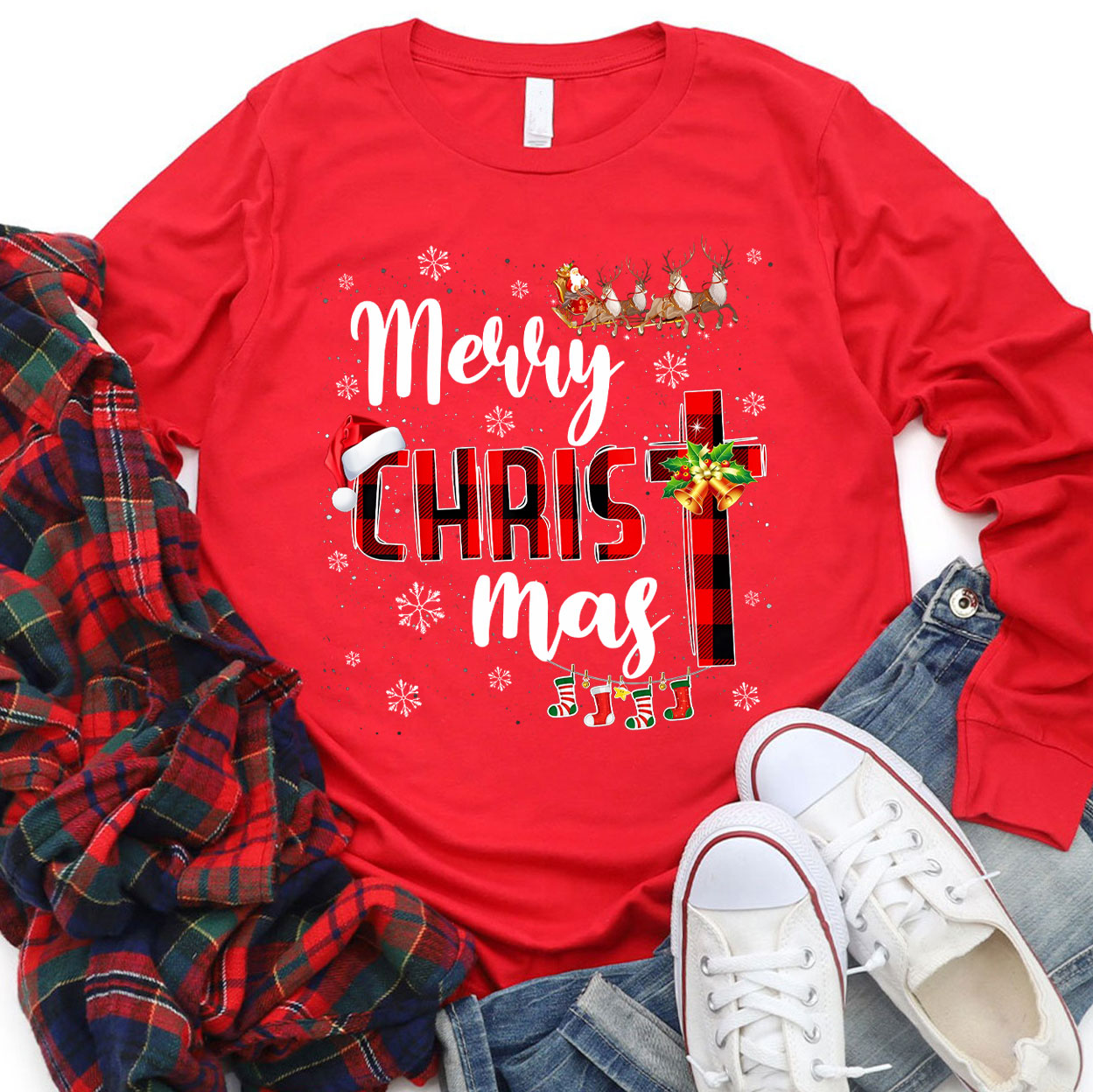 Merry Christ Mas Buffalo Plaid Christmas Christian Long Sleeve T Shirt