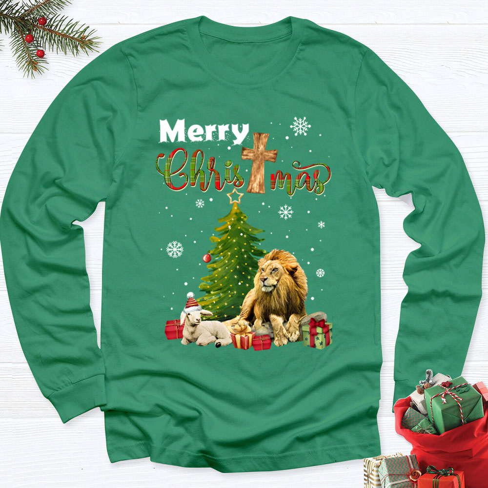 Merry Christmas Jesus Lion And Lamb Christian Long Sleeve T-Shirt