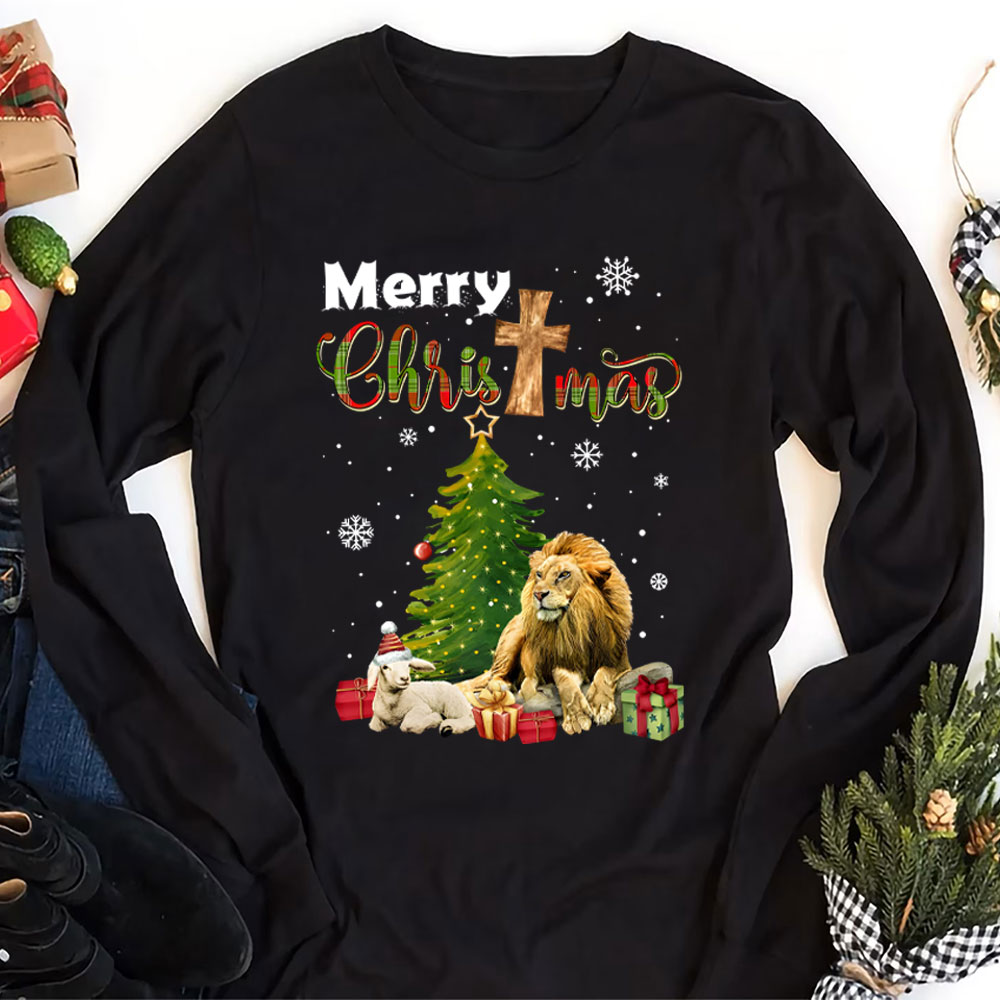 Merry Christmas Jesus Lion And Lamb Christian Long Sleeve T-Shirt