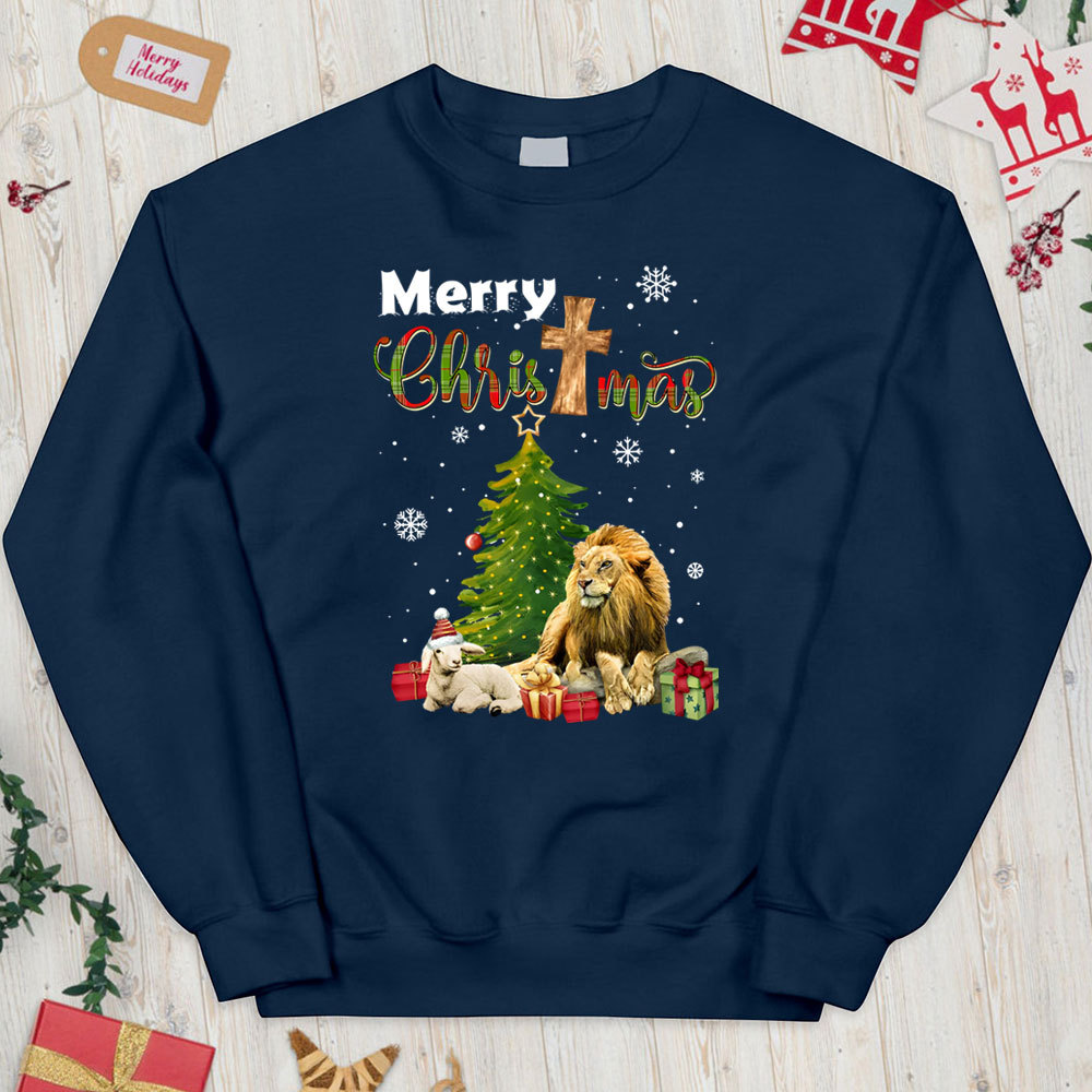 Merry Christmas Jesus Lion And Lamb Christian Christmas Sweatshirt